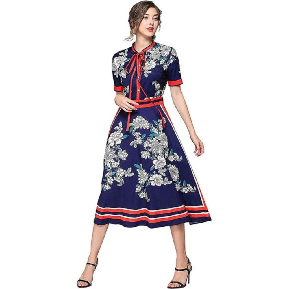 Women's Vintage Bow Tie Neck Floral Print Elegant Midi Dress, Navy & Red